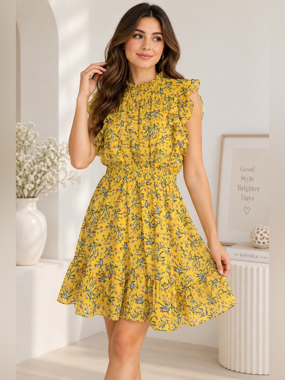 Melloday Yellow Floral Ruffle Smocked Waist Dress Size L
